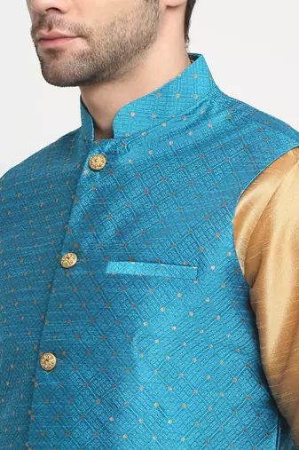 Men Silk Gold Kurta Churidar With Blue Polka Dotted Nehru Jacket Set