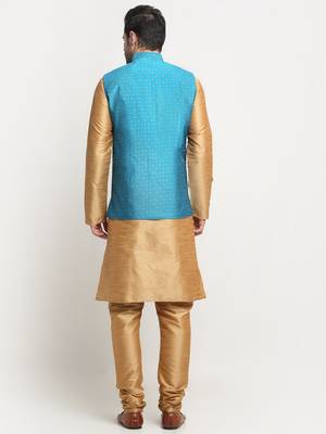 Men Silk Gold Kurta Churidar With Blue Polka Dotted Nehru Jacket Set 3