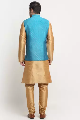 Men Silk Gold Kurta Churidar With Blue Polka Dotted Nehru Jacket Set