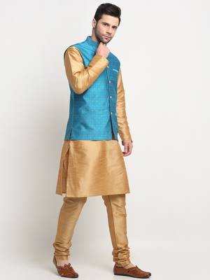 Men Silk Gold Kurta Churidar With Blue Polka Dotted Nehru Jacket Set 4