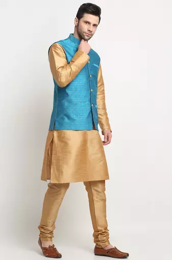 Men Silk Gold Kurta Churidar With Blue Polka Dotted Nehru Jacket Set