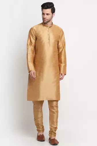 Men Silk Gold Kurta Churidar With Blue Polka Dotted Nehru Jacket Set