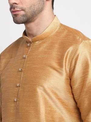 Men Silk Gold Kurta Churidar With Blue Polka Dotted Nehru Jacket Set 6