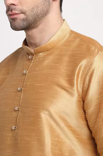 Men Silk Gold Kurta Churidar With Blue Polka Dotted Nehru Jacket Set