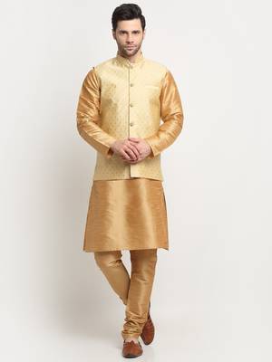 Men Silk Gold Kurta Churidar With Beige Polka Dotted Nehru Jacket Set 1