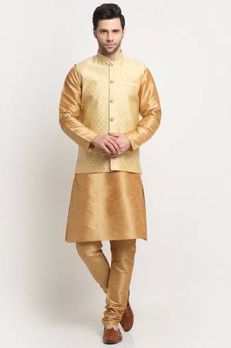 Men Silk Gold Kurta Churidar With Beige Polka Dotted Nehru Jacket Set