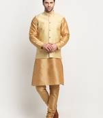 Men Silk Gold Kurta Churidar With Beige Polka Dotted Nehru Jacket Set