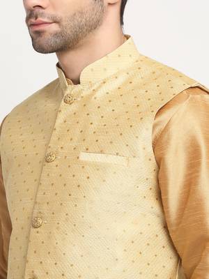 Men Silk Gold Kurta Churidar With Beige Polka Dotted Nehru Jacket Set 2