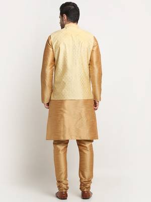 Men Silk Gold Kurta Churidar With Beige Polka Dotted Nehru Jacket Set 3