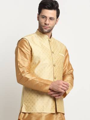 Men Silk Gold Kurta Churidar With Beige Polka Dotted Nehru Jacket Set 4