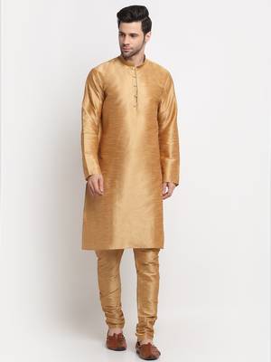 Men Silk Gold Kurta Churidar With Beige Polka Dotted Nehru Jacket Set 5