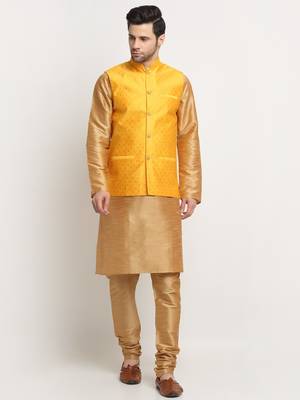 Men Silk Gold Kurta Churidar With Yellow Polka Dotted Nehru Jacket Set 1