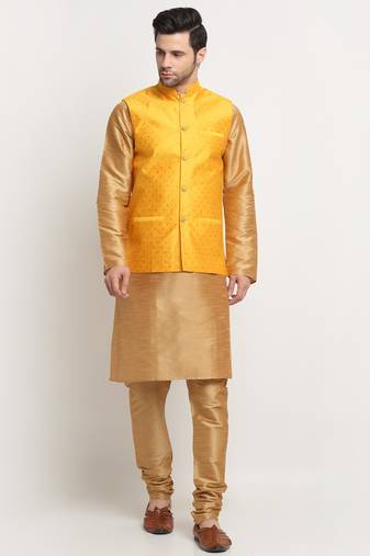 Men Silk Gold Kurta Churidar With Yellow Polka Dotted Nehru Jacket Set