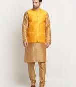 Men Silk Gold Kurta Churidar With Yellow Polka Dotted Nehru Jacket Set