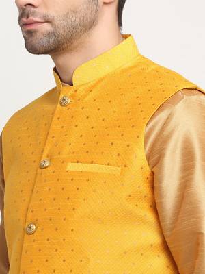 Men Silk Gold Kurta Churidar With Yellow Polka Dotted Nehru Jacket Set 2