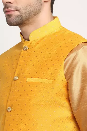 Men Silk Gold Kurta Churidar With Yellow Polka Dotted Nehru Jacket Set