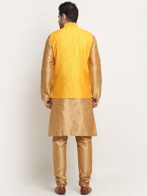 Men Silk Gold Kurta Churidar With Yellow Polka Dotted Nehru Jacket Set 3