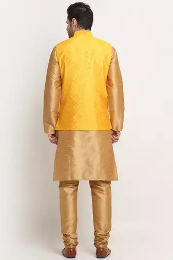 Men Silk Gold Kurta Churidar With Yellow Polka Dotted Nehru Jacket Set