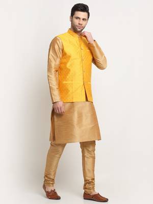 Men Silk Gold Kurta Churidar With Yellow Polka Dotted Nehru Jacket Set 4