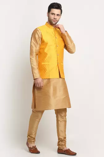 Men Silk Gold Kurta Churidar With Yellow Polka Dotted Nehru Jacket Set