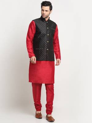 Men Silk Maroon Kurta Churidar With Black Polka Dotted Nehru Jacket Set 1
