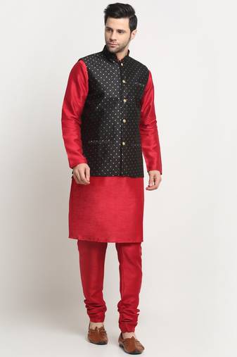 Men Silk Maroon Kurta Churidar With Black Polka Dotted Nehru Jacket Set