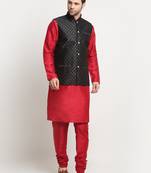 Men Silk Maroon Kurta Churidar With Black Polka Dotted Nehru Jacket Set