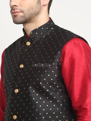 Men Silk Maroon Kurta Churidar With Black Polka Dotted Nehru Jacket Set 2