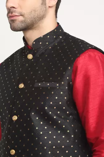 Men Silk Maroon Kurta Churidar With Black Polka Dotted Nehru Jacket Set