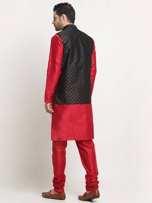 Men Silk Maroon Kurta Churidar With Black Polka Dotted Nehru Jacket Set 3