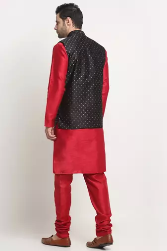 Men Silk Maroon Kurta Churidar With Black Polka Dotted Nehru Jacket Set