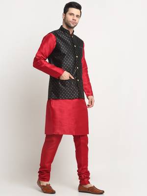 Men Silk Maroon Kurta Churidar With Black Polka Dotted Nehru Jacket Set 4