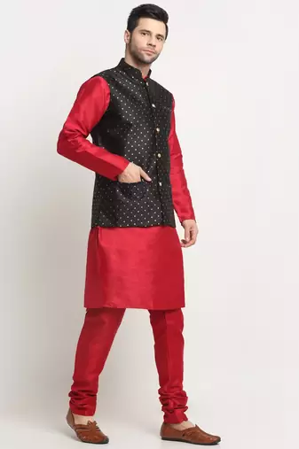 Men Silk Maroon Kurta Churidar With Black Polka Dotted Nehru Jacket Set