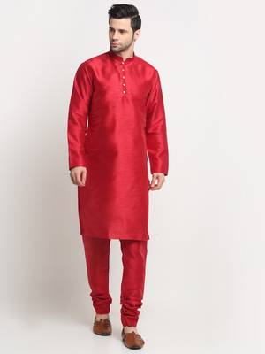 Men Silk Maroon Kurta Churidar With Black Polka Dotted Nehru Jacket Set 5