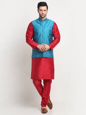 Men Silk Maroon Kurta Churidar With Blue Polka Dotted Nehru Jacket Set 1