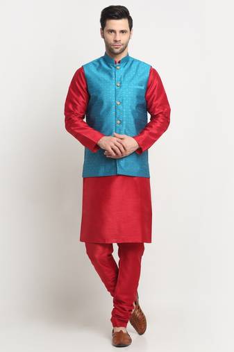 Men Silk Maroon Kurta Churidar With Blue Polka Dotted Nehru Jacket Set