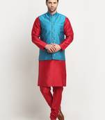 Men Silk Maroon Kurta Churidar With Blue Polka Dotted Nehru Jacket Set