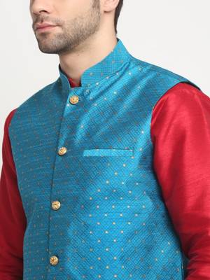 Men Silk Maroon Kurta Churidar With Blue Polka Dotted Nehru Jacket Set 2