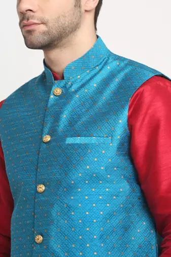 Men Silk Maroon Kurta Churidar With Blue Polka Dotted Nehru Jacket Set