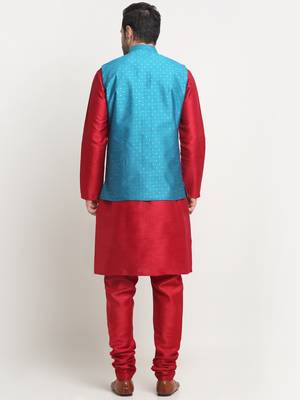 Men Silk Maroon Kurta Churidar With Blue Polka Dotted Nehru Jacket Set 3