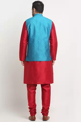 Men Silk Maroon Kurta Churidar With Blue Polka Dotted Nehru Jacket Set