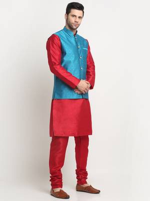 Men Silk Maroon Kurta Churidar With Blue Polka Dotted Nehru Jacket Set 4