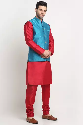 Men Silk Maroon Kurta Churidar With Blue Polka Dotted Nehru Jacket Set