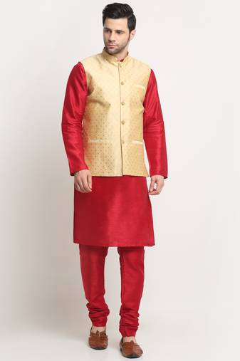 Men Silk Maroon Kurta Churidar With Beige Polka Dotted Nehru Jacket Set