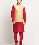 Men Silk Maroon Kurta Churidar With Beige Polka Dotted Nehru Jacket Set