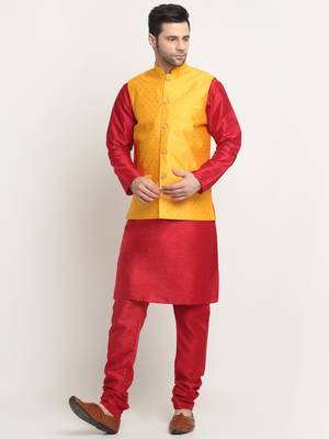 Men Silk Maroon Kurta Churidar With Yellow Polka Dotted Nehru Jacket Set 1