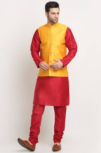 Men Silk Maroon Kurta Churidar With Yellow Polka Dotted Nehru Jacket Set
