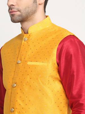 Men Silk Maroon Kurta Churidar With Yellow Polka Dotted Nehru Jacket Set 2
