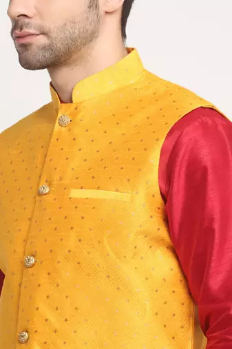 Men Silk Maroon Kurta Churidar With Yellow Polka Dotted Nehru Jacket Set