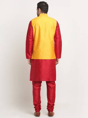 Men Silk Maroon Kurta Churidar With Yellow Polka Dotted Nehru Jacket Set 3
